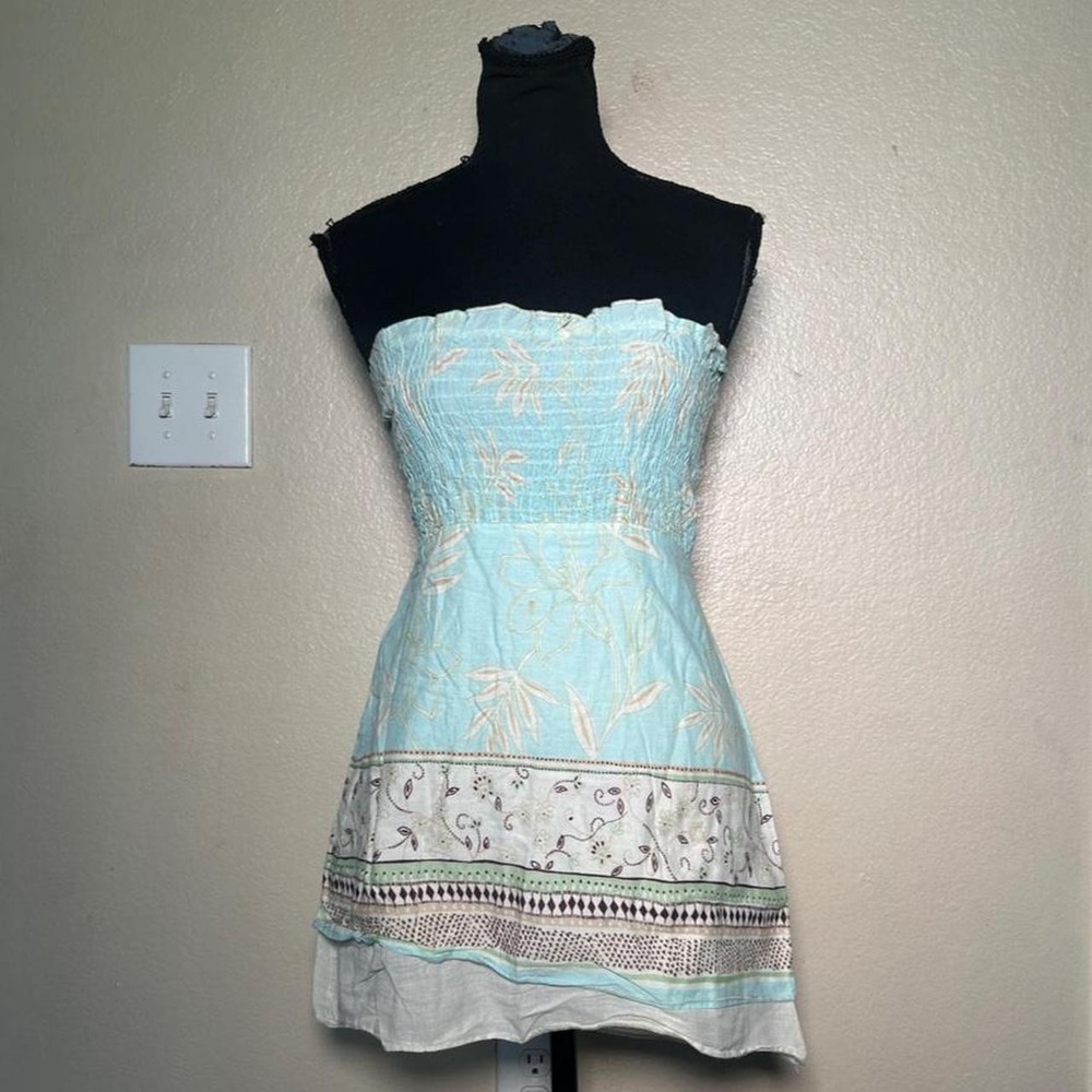 Charlotte Russe Y2K Blue Floral Strapless Babydoll Smocked Boho Top Small